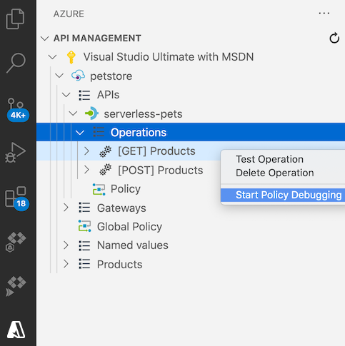 Screenshot, wenn eine Richtliniendebuggingsitzung in Visual Studio Code initiiert wird.