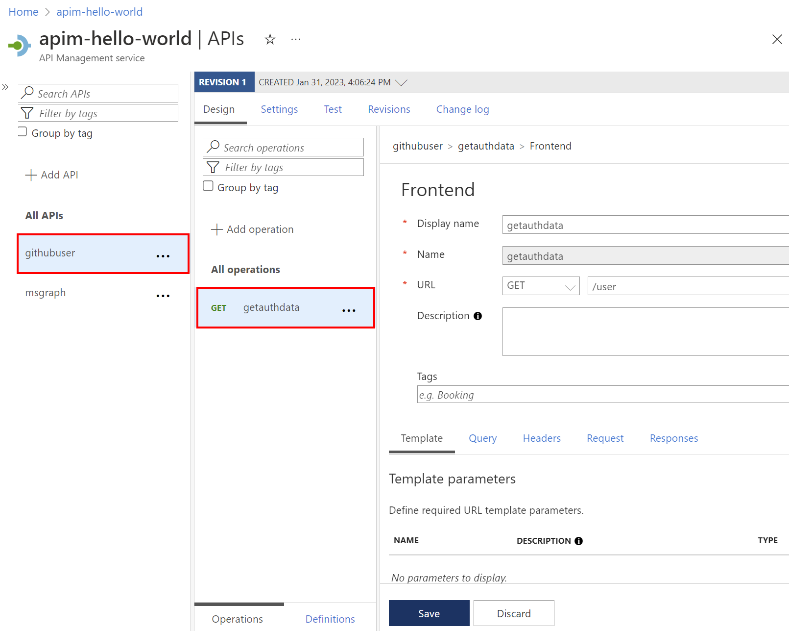 Screenshot des Hinzufügens eines getauthdata-Vorgangs zur API im Portal.