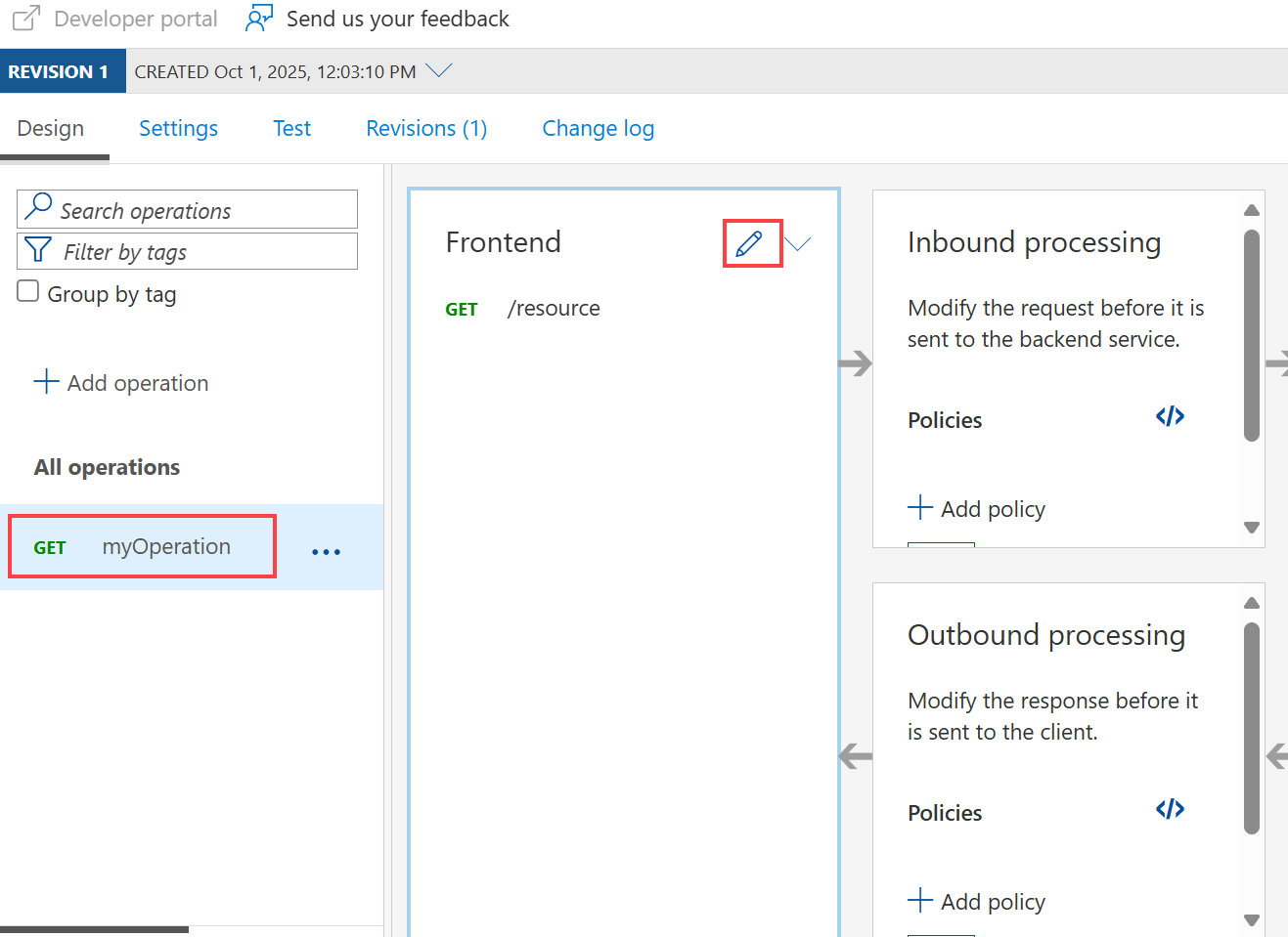 Screenshot, der den Prozess zum Bearbeiten einer API in der API-Verwaltung zeigt.