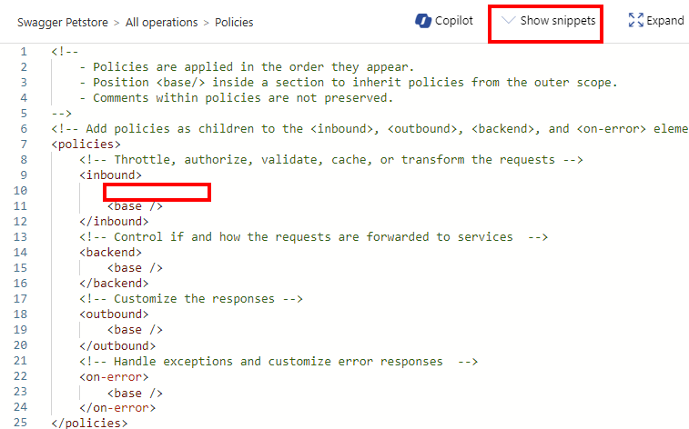 Screenshot: Auswählen von „Codeausschnitte anzeigen“ im Editor der Richtlinie für eingehenden Datenverkehr im Portal.