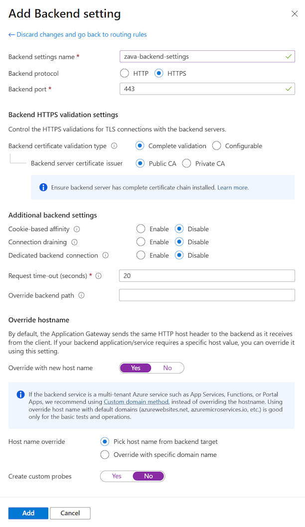 Screenshot, der zeigt, wie Sie die Back-End-Einstellungen für eine HTTPS-Protokollverbindung im Azure-Portal konfigurieren.