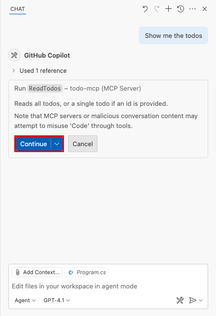 Screenshot der Standardsicherheitsmeldung eines MCP-Aufrufs in GitHub Copilot Chat.