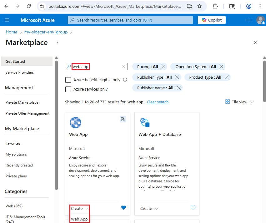 Screenshot der Azure Marketplace-Seite, auf der eine Web-App durchsucht wird und die Schaltfläche 