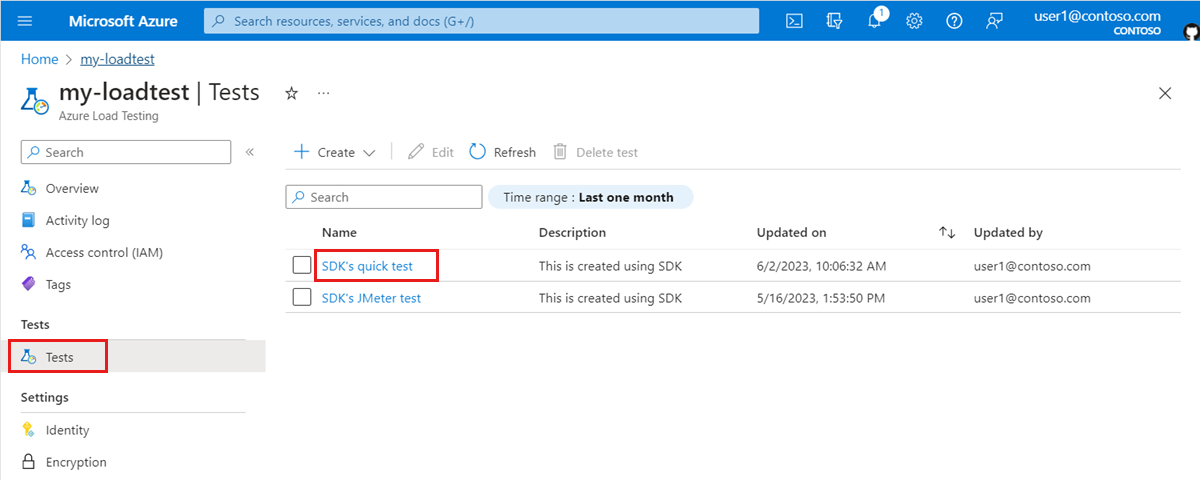 Screenshot mit der Liste der Tests für eine Azure Load Testing resource.