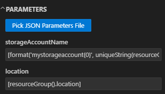 Screenshot der Auswahlparameterdatei im Bereitstellungsbereich in Visual Studio Code.