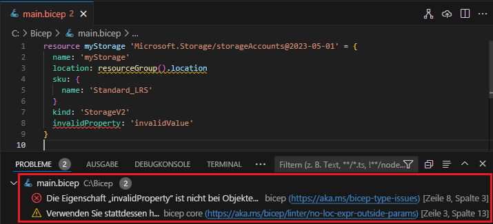 Screenshot des Fensterbereichs Probleme in Visual Studio Code.
