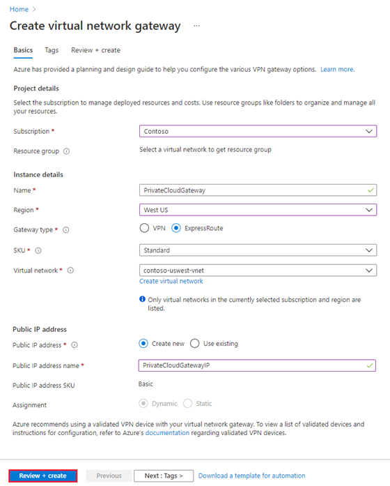 Screenshot, der die Details für ein virtuelles Netzwerk-Gateway zeigt.