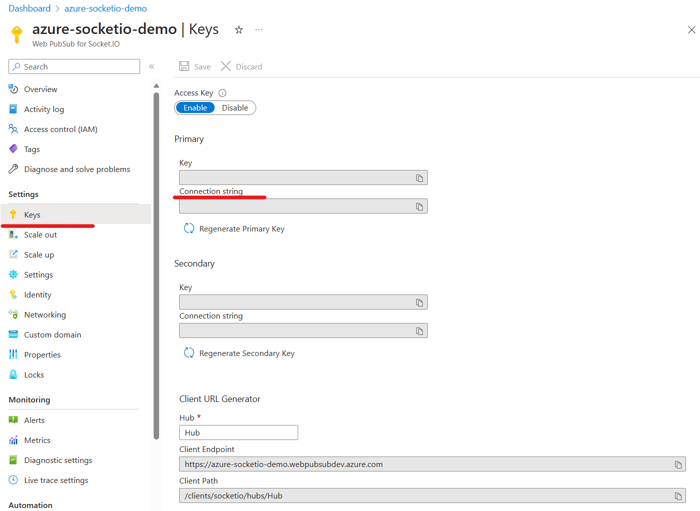 Screenshot des Web PubSub für Socket.IO Dienst im Azure-Portalverbindungszeichenfolgenblatt.