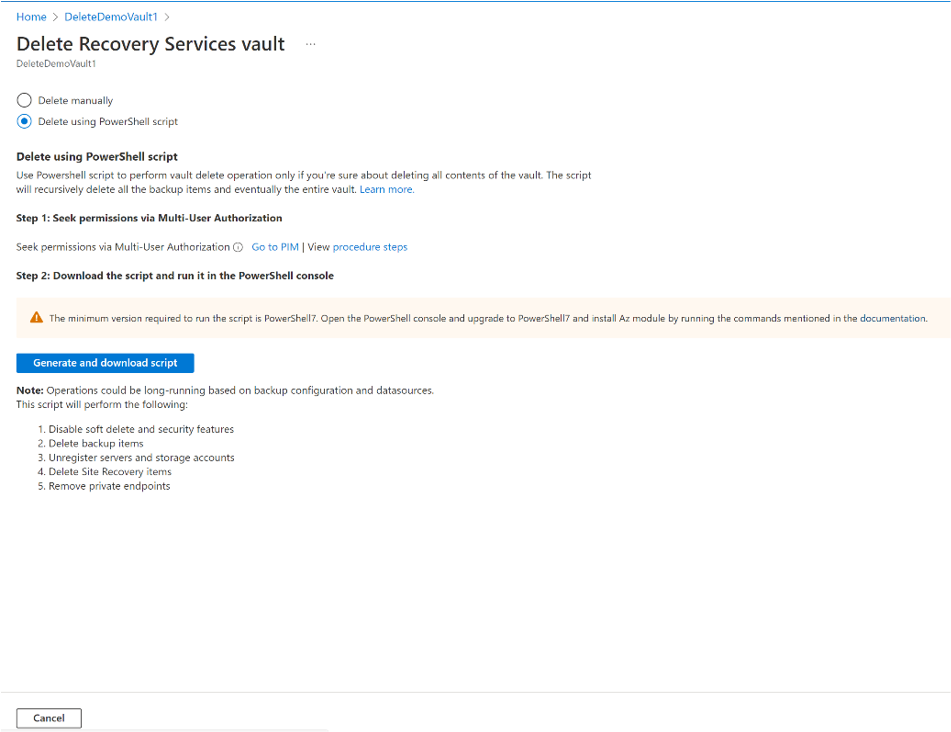 Screenshot, der den Prozess zum Generieren des PowerShell-Skripts zum Löschen des Tresors zeigt.