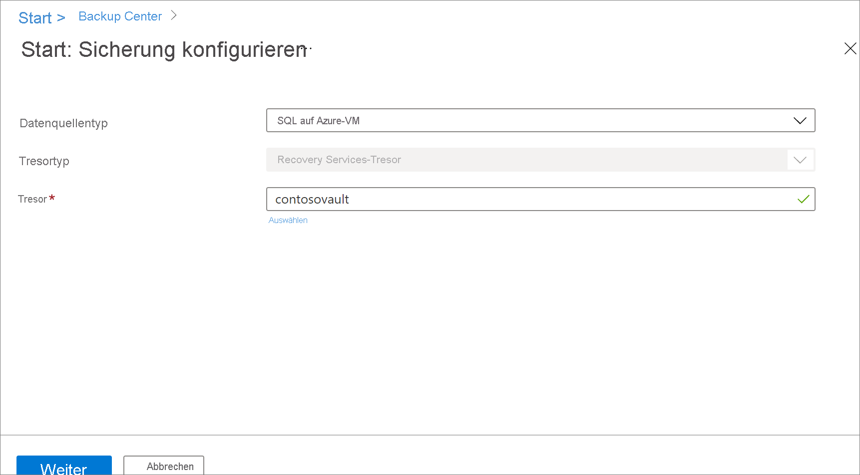 Screenshot der Auswahl einer SQL Server-Datenbank als Datenquelle für die Sicherung