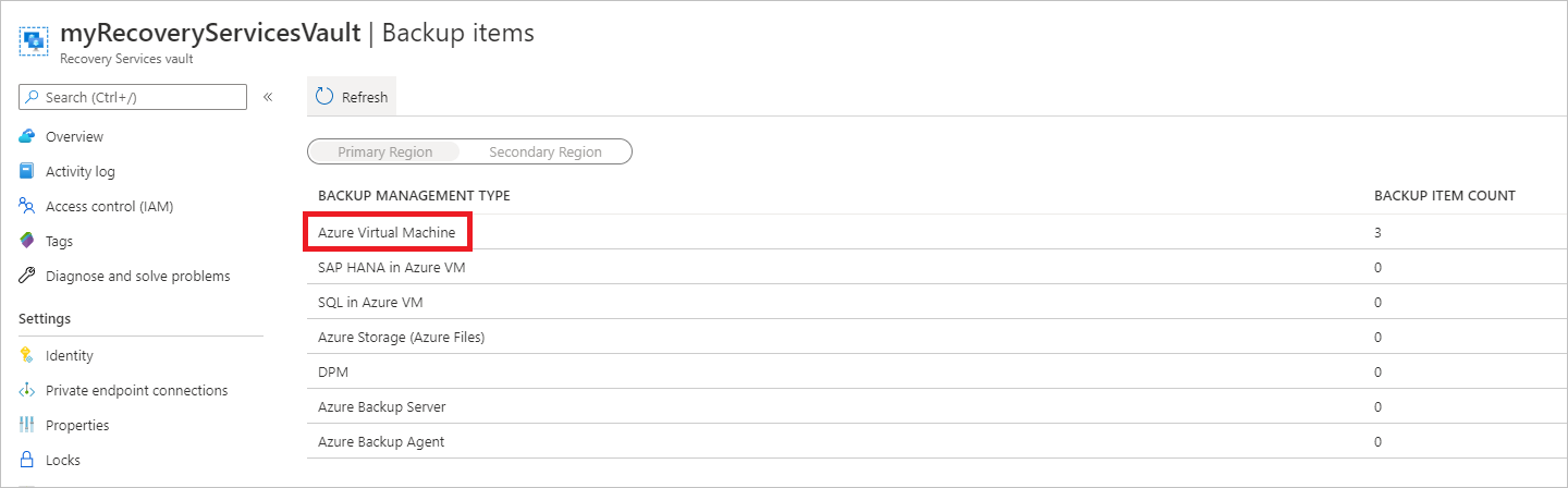 Screenshot einer Liste der Sicherungsverwaltungstypen.