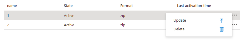 Screenshot der Update- und Löschoptionen für Anwendungspakete im Azure-Portal.