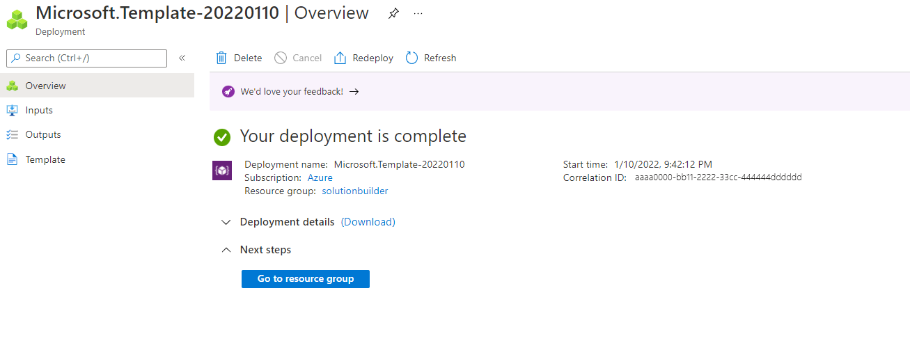 Screenshot: Abgeschlossene Azure Resource Manager-Vorlage