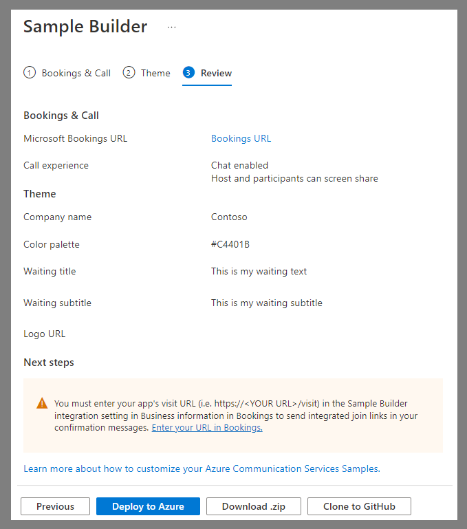 Screenshot: Bereitstellungsseite des Beispiel-Generators