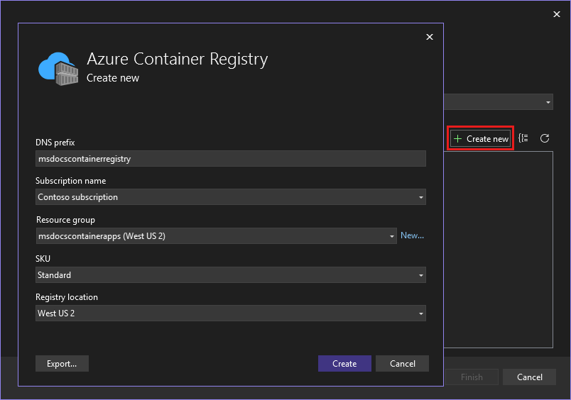 Screenshot des Erstellens der Containerregistrierung.