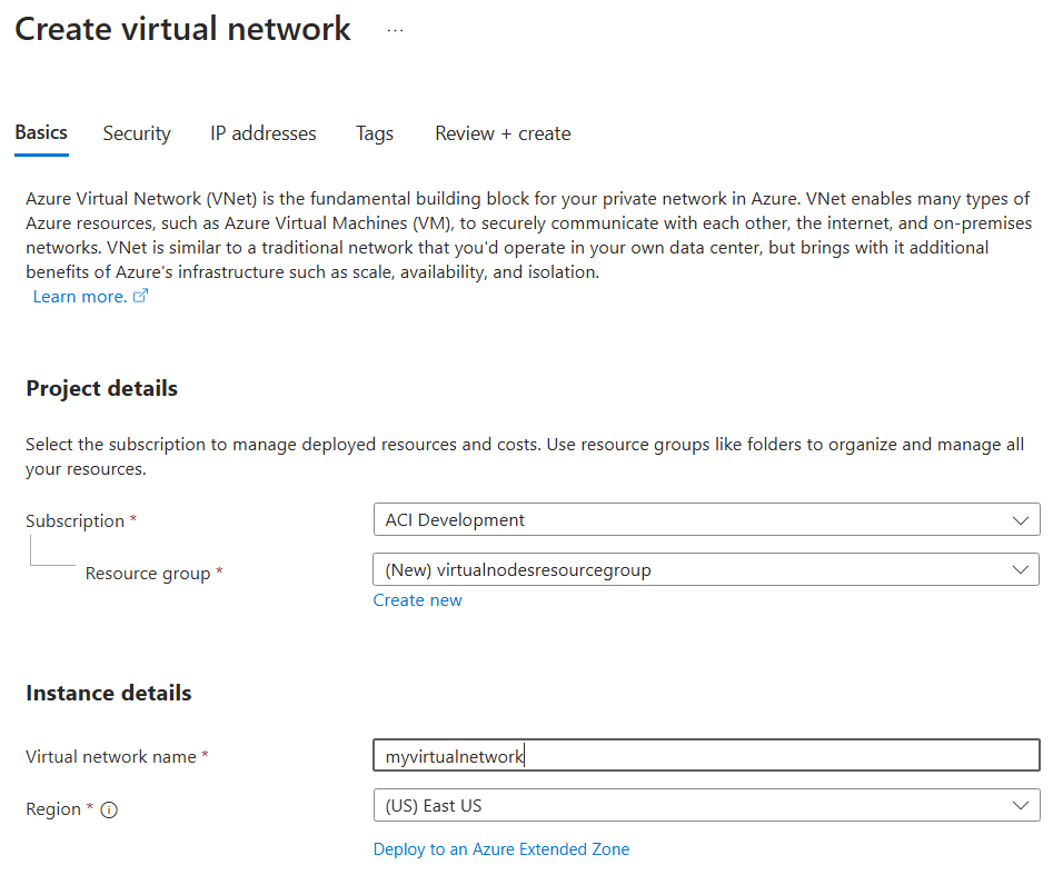 Screenshot der Konfiguration auf der Seite „Grundlagen“ bei der Erstellung virtueller Netzwerke im Azure-Portal
