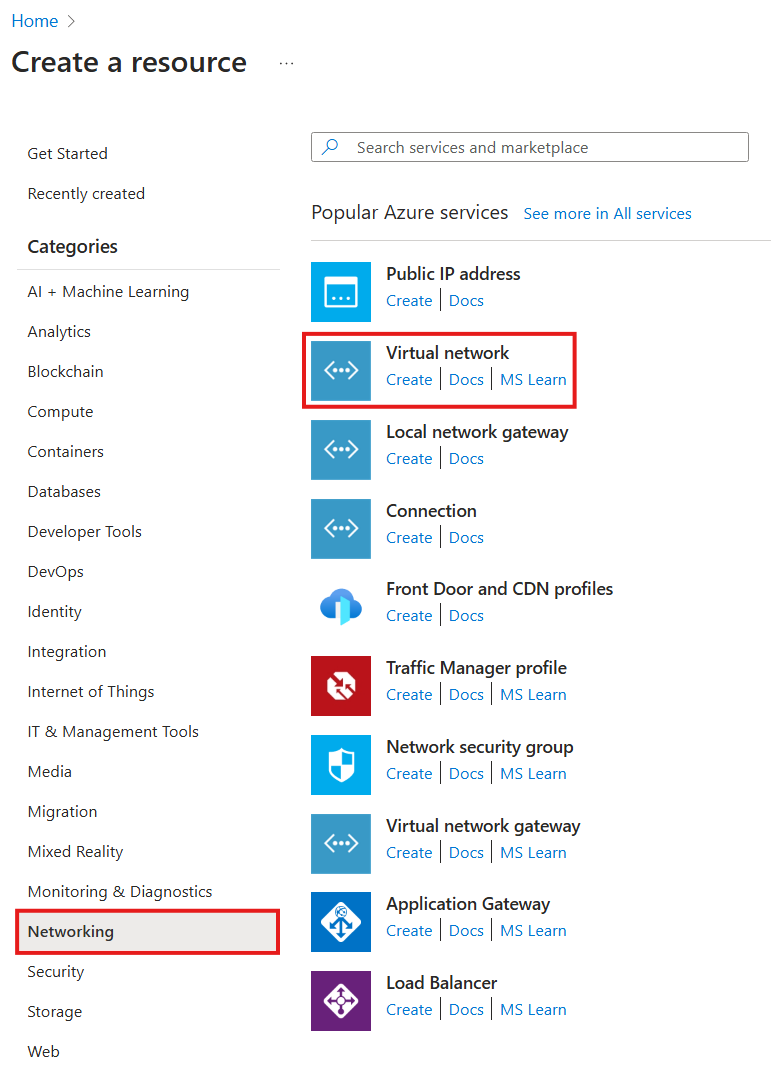 Screenshot der Auswahl eines neu zu erstellenden virtuellen Netzwerks im Azure-Portal