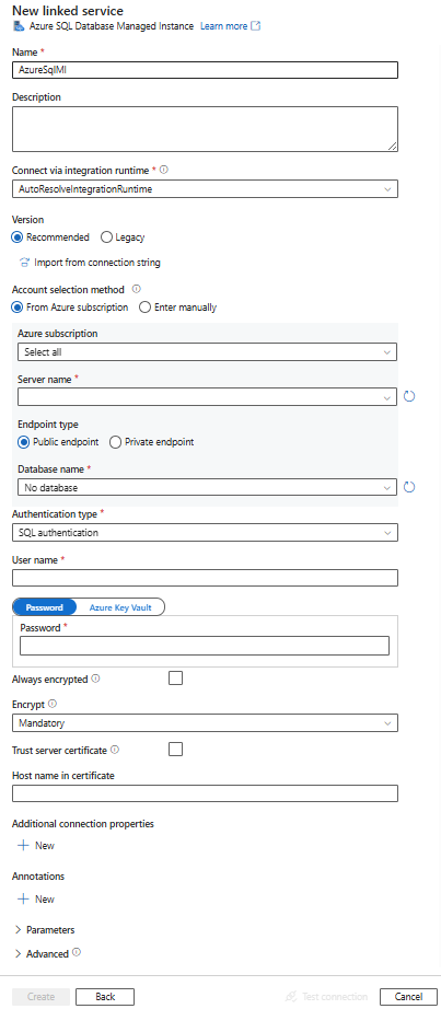 Screenshot: Konfiguration des verknüpften Diensts für SQL Managed Instance