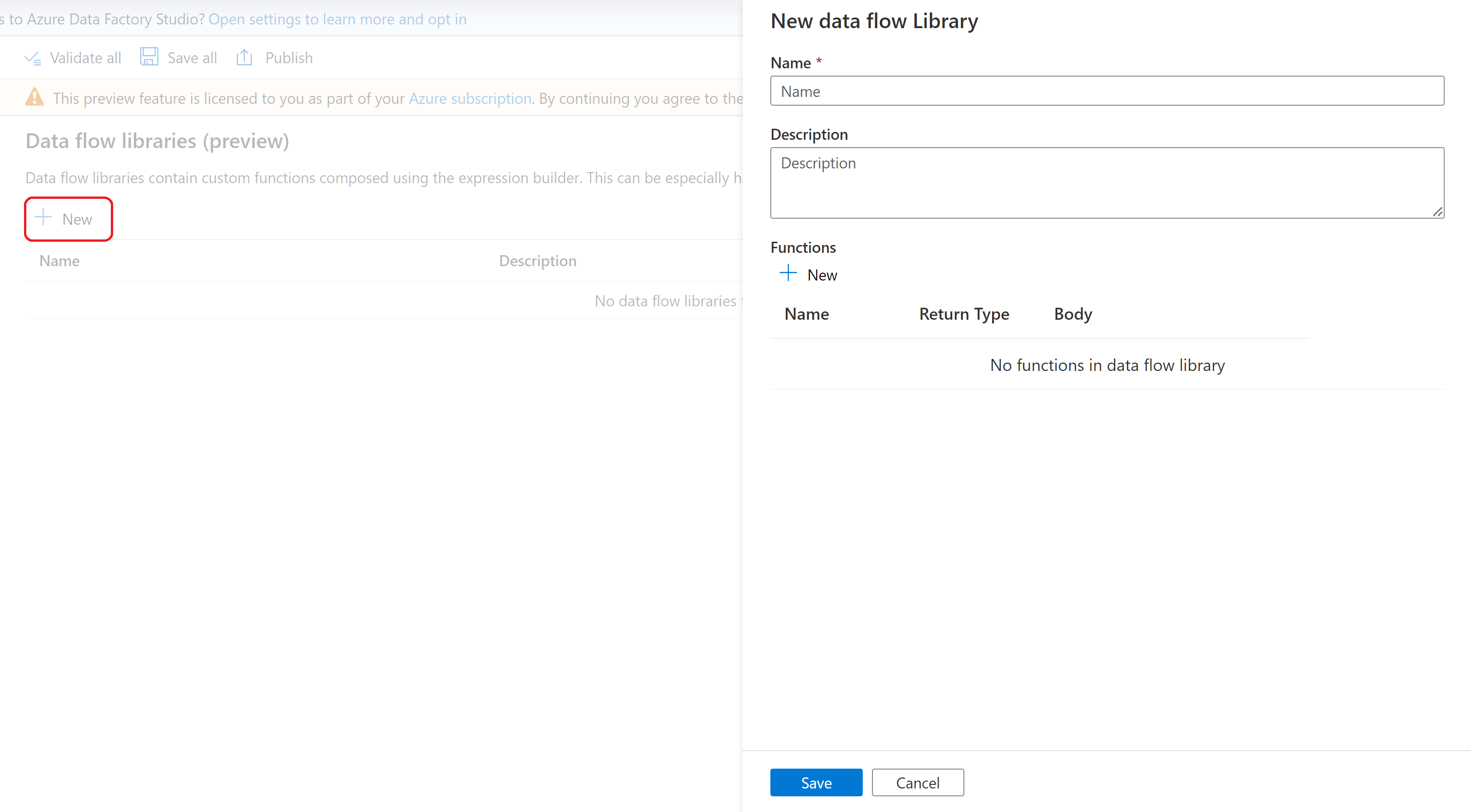 Screenshot des Erstellungsbereichs der Datenflussbibliotheken.
