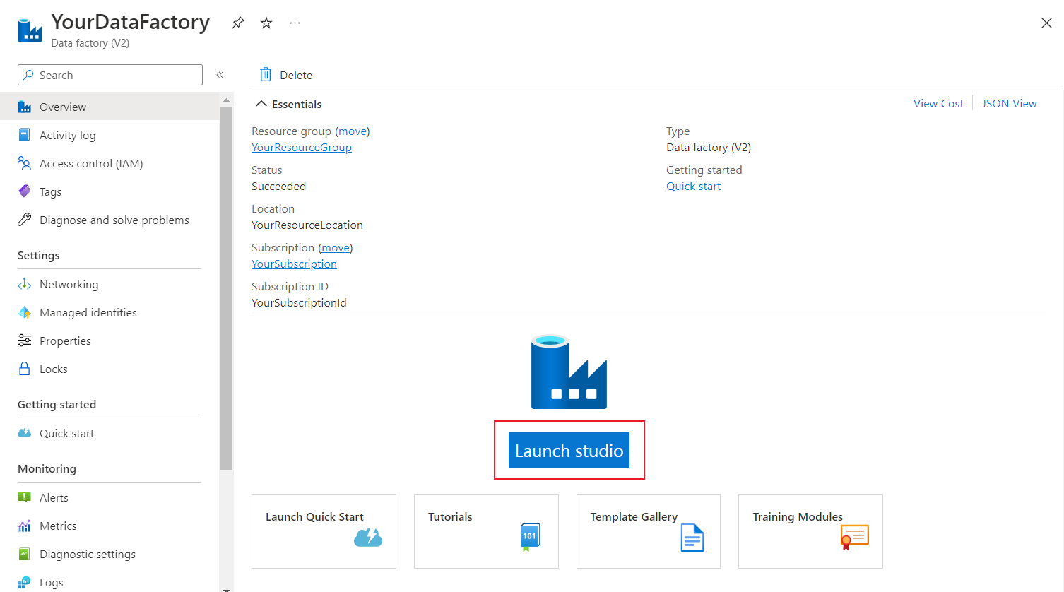 Screenshot des Azure-Portals, der die Details der neu erstellten Data Factory zeigt, wobei die Schaltfläche zum Öffnen von Azure Data Factory Studio hervorgehoben ist.