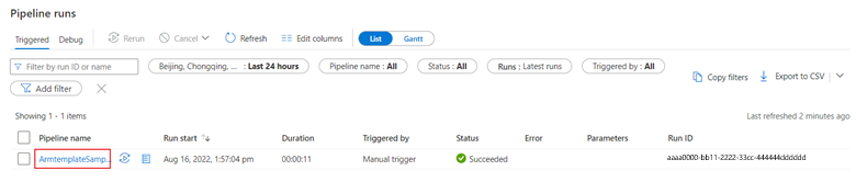Screenshot: Registerkarte zur Überwachung von Pipelineausführungen in einer Data Factory.