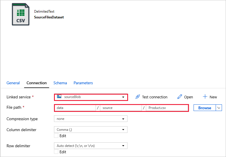 Auswahl für den zugeordneten Dienst und den Dateipfad für „SourceFilesDataset“