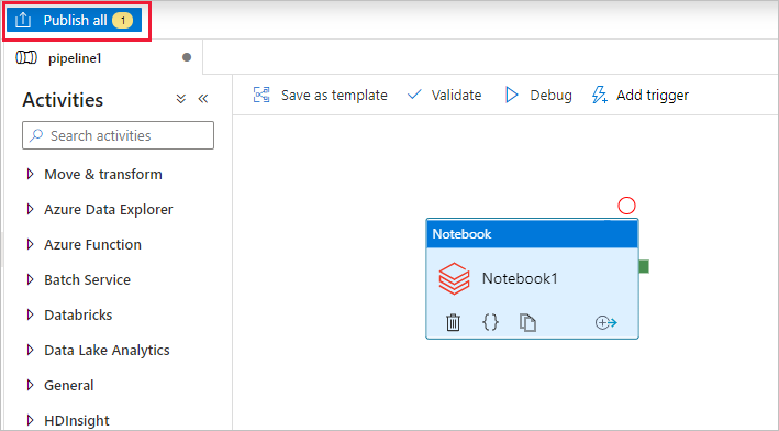Screenshot, der zeigt, wie man die neuen Data Factory-Entitäten veröffentlicht.