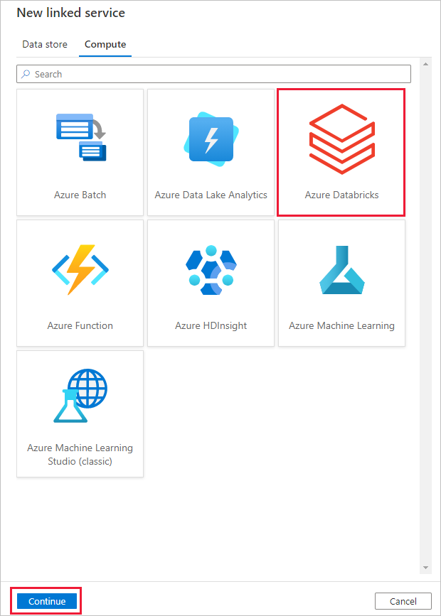 Screenshot, der zeigt, wie ein verknüpfter Databricks-Dienst angegeben wird.