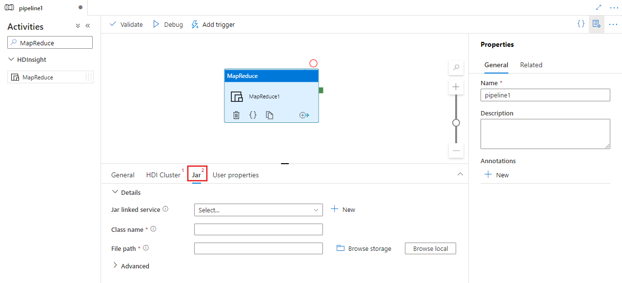 Zeigt die Benutzeroberfläche für die Registerkarte „JAR“ für eine MapReduce-Aktivität.