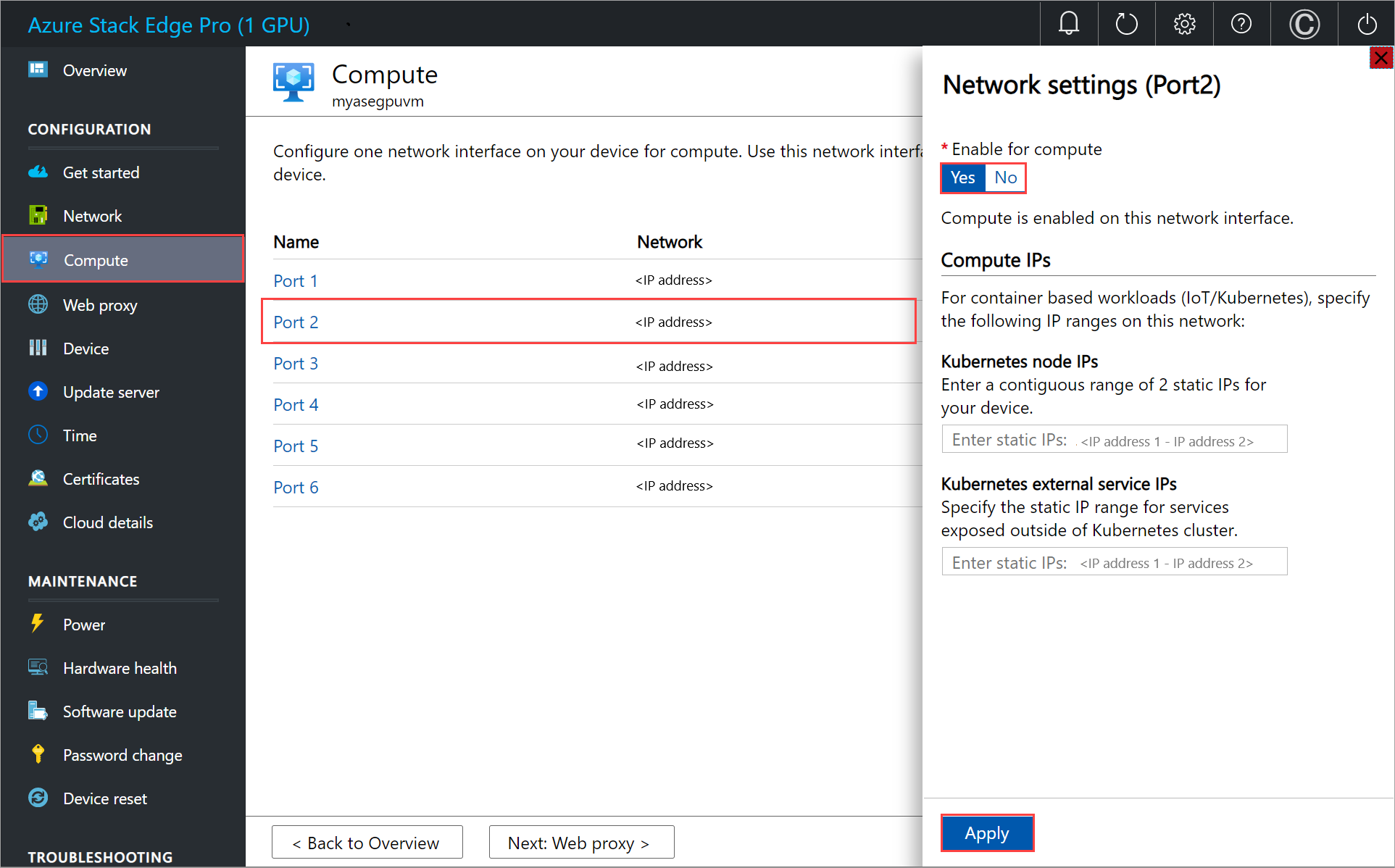 Screenshot: Bereich „Compute“ für ein Azure Stack Edge-Gerät. Die Computeeinstellungen für Port&nbsp;2 sind hervorgehoben.