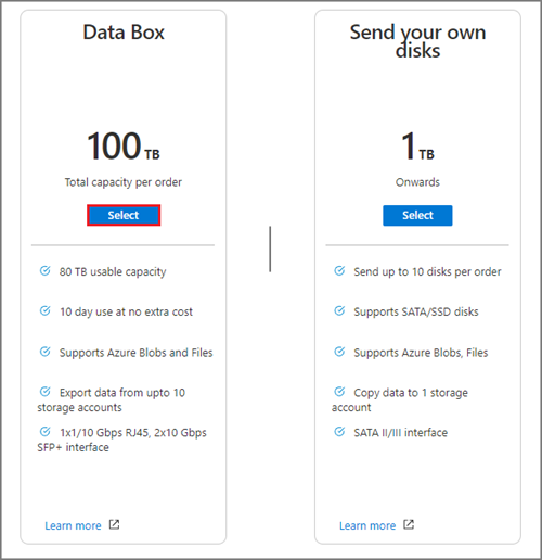 Bildschirmaufnahme der verfügbaren Data Box-Kapazitätsoptionen beim Erstellen eines Data Box-Exportauftrags.