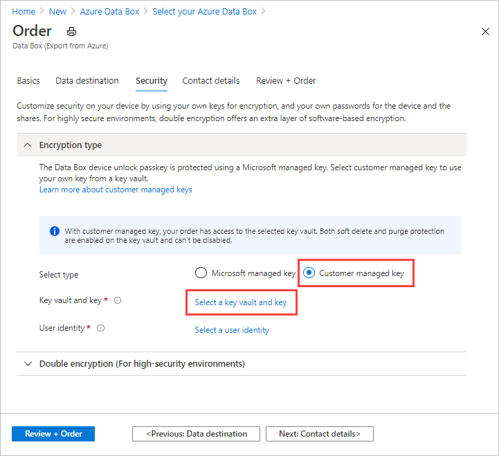 Screenshot: Datenfelder auf der Registerkarte „Sicherheit“ für einen Data Box-Exportauftrag mit erweiterten Steuerelementen für die Verschlüsselungstypeinstellungen, wobei Einstellungen für kundenseitig verwaltete Schlüssel hervorgehoben sind