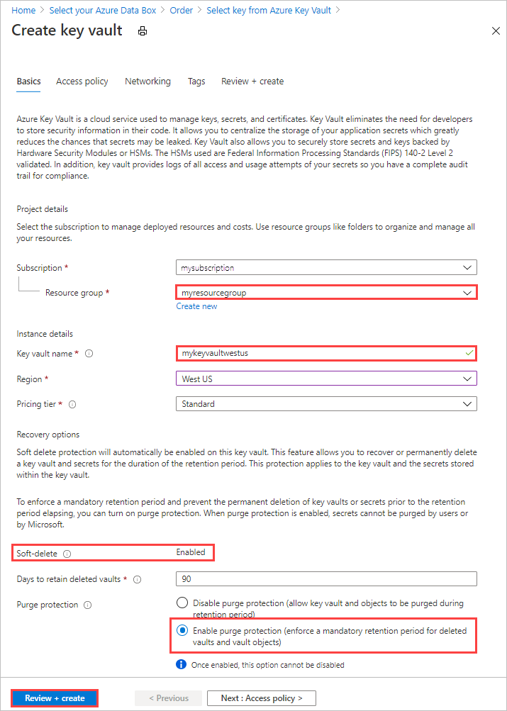 Screenshot: Steuerelemente, die beim Erstellen eines neuen Azure Key Vault-Schlüssels auf der Registerkarte „Sicherheit“ des Data Box-Exportauftrags angezeigt werden