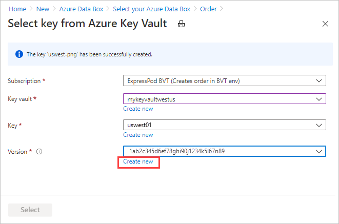 Screenshot: Bestätigungsmeldung beim Erstellen eines neuen Azure Key Vault-Schlüssels, um einen kundenseitig verwalteten Schlüssel auf der Registerkarte „Sicherheit“ des Data Box-Exportauftrags bereitzustellen