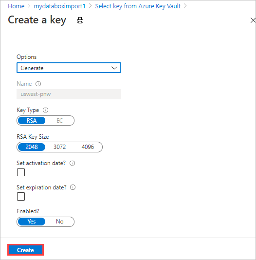 Bildschirmfoto mit den Optionen zum Generieren einer neuen Version eines vorhandenen Azure Key Vault-Schlüssels, um einen kundenseitig verwalteten Schlüssel auf der Registerkarte „Sicherheit“ des Exportauftrags für Data Box bereitzustellen