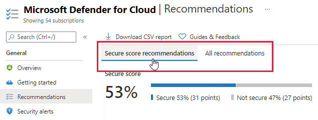 Tabs zum Ändern der Ansicht der Empfehlungsliste in Azure Security Center.