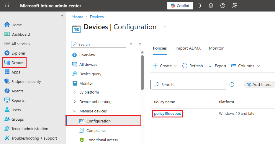 Screenshot des Microsoft Intune Admin Centers mit hervorgehobenen Gerätebereich und Gerätkonfiguration.