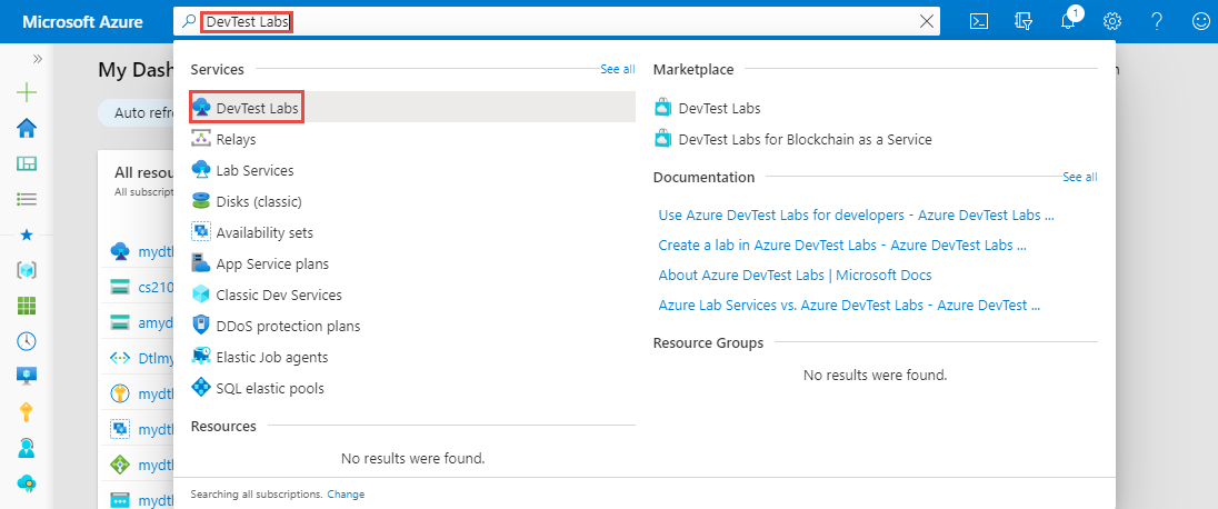 Suchen nach und Auswählen von DevTest Labs