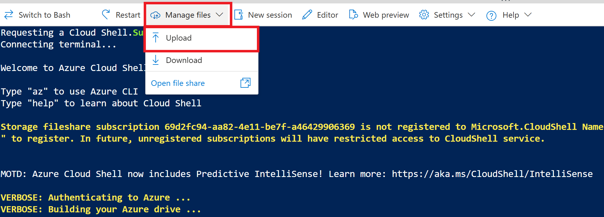Screenshot des Cloud&nbsp;Shell-Browserfensters, das die Auswahl des Symbols „Hochladen“ anzeigt.