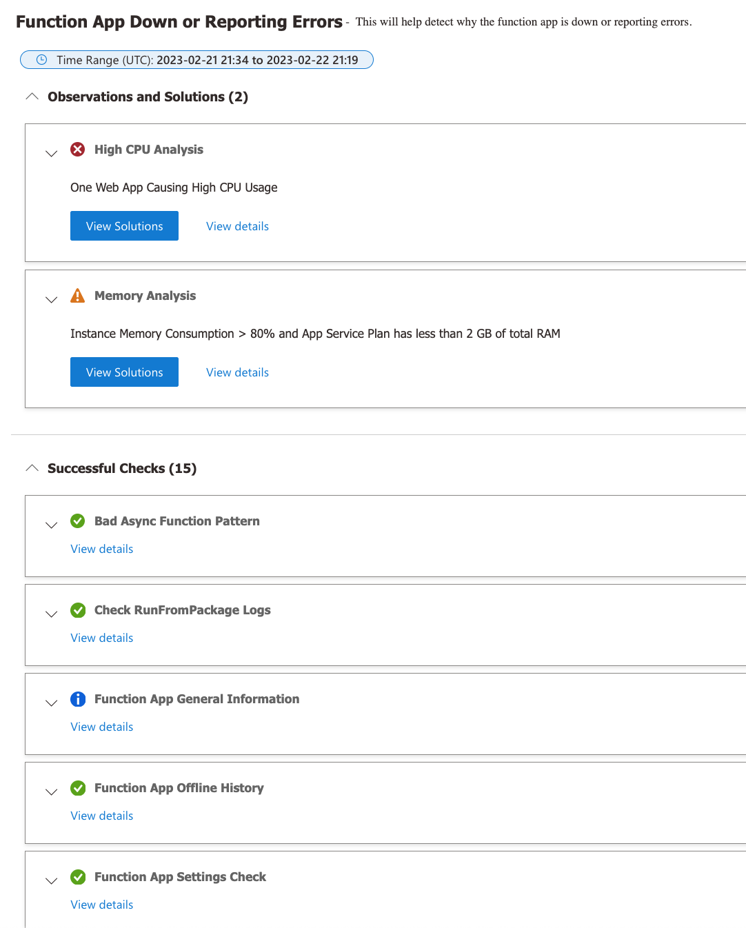 Screenshot des Detektors zur Erkennung des Fehlers „Funktions-App ist ausgefallen oder meldet Fehler“, der Überprüfungen und Probleme anzeigt, die Aufmerksamkeit erfordern.
