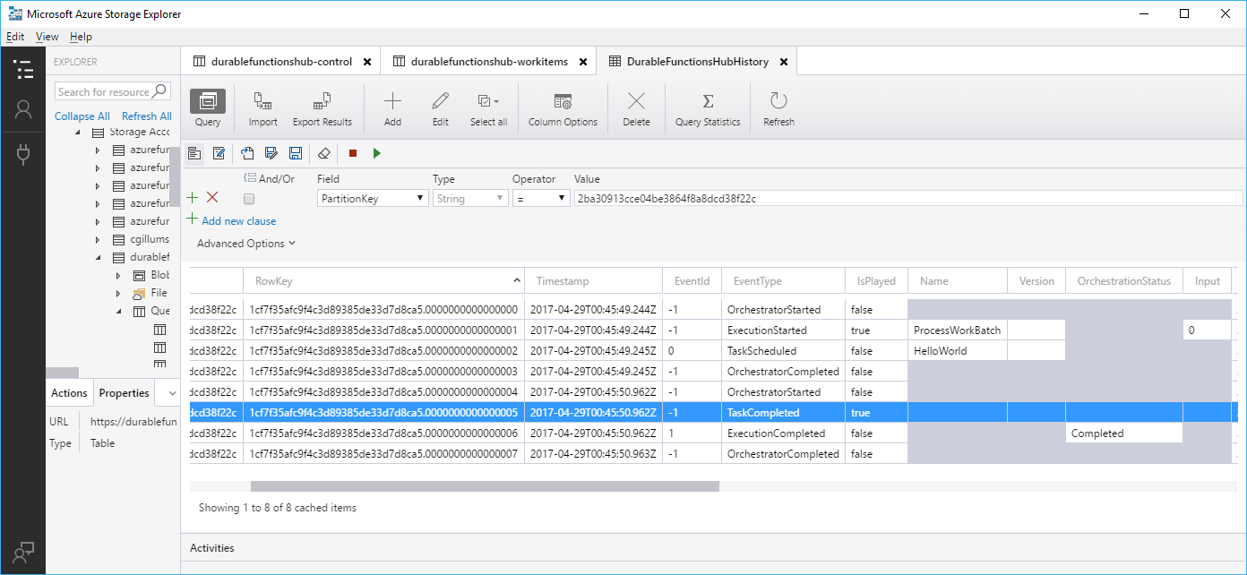 Screenshot von Azure Storage-Explorer mit Durable-Functions-Orchestrierungsstatus in Tabellen und Warteschlangen.