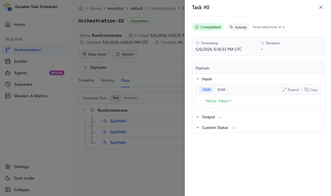 Screenshot des Bereichs, in dem Sie die Eingabe, Ausgabe und status einer Aktivität über die Flussansicht anzeigen können.