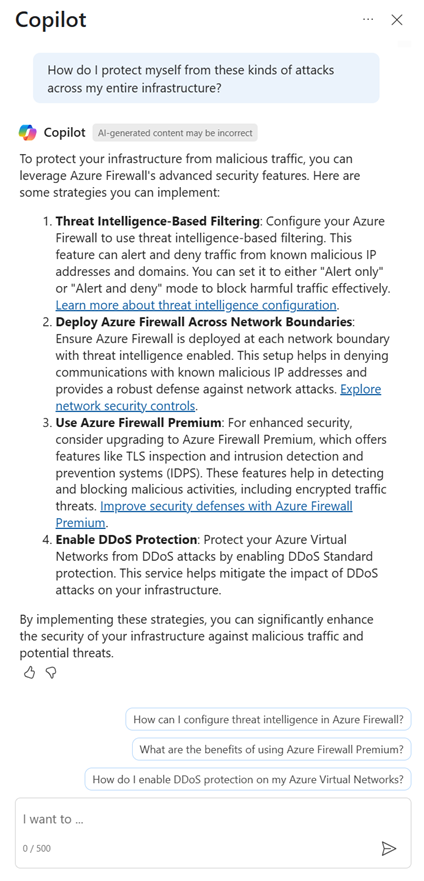 Screenshot der generierten Empfehlungen zum Sichern Ihrer Umgebung mithilfe der IDPS-Featurefunktion von Azure Firewall.