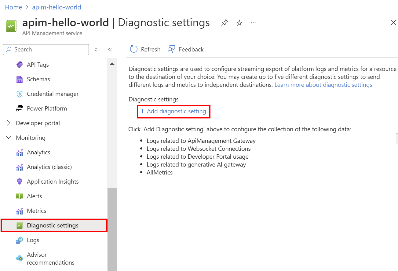 Screenshot: Hinzufügen einer Diagnoseeinstellung im Portal