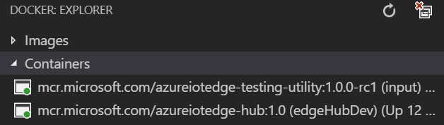 Screenshot mit Simulatormodulstatus im Docker Explorer-Bereich von Visual Studio Code.
