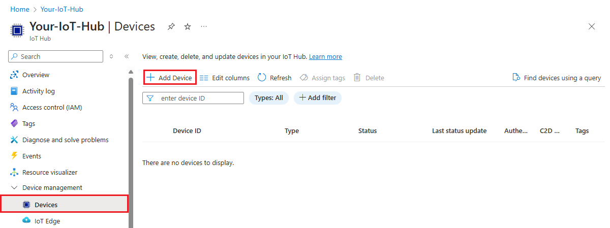 Screenshot, der das Hinzufügen eines neuen Geräts im Azure-Portal zeigt.