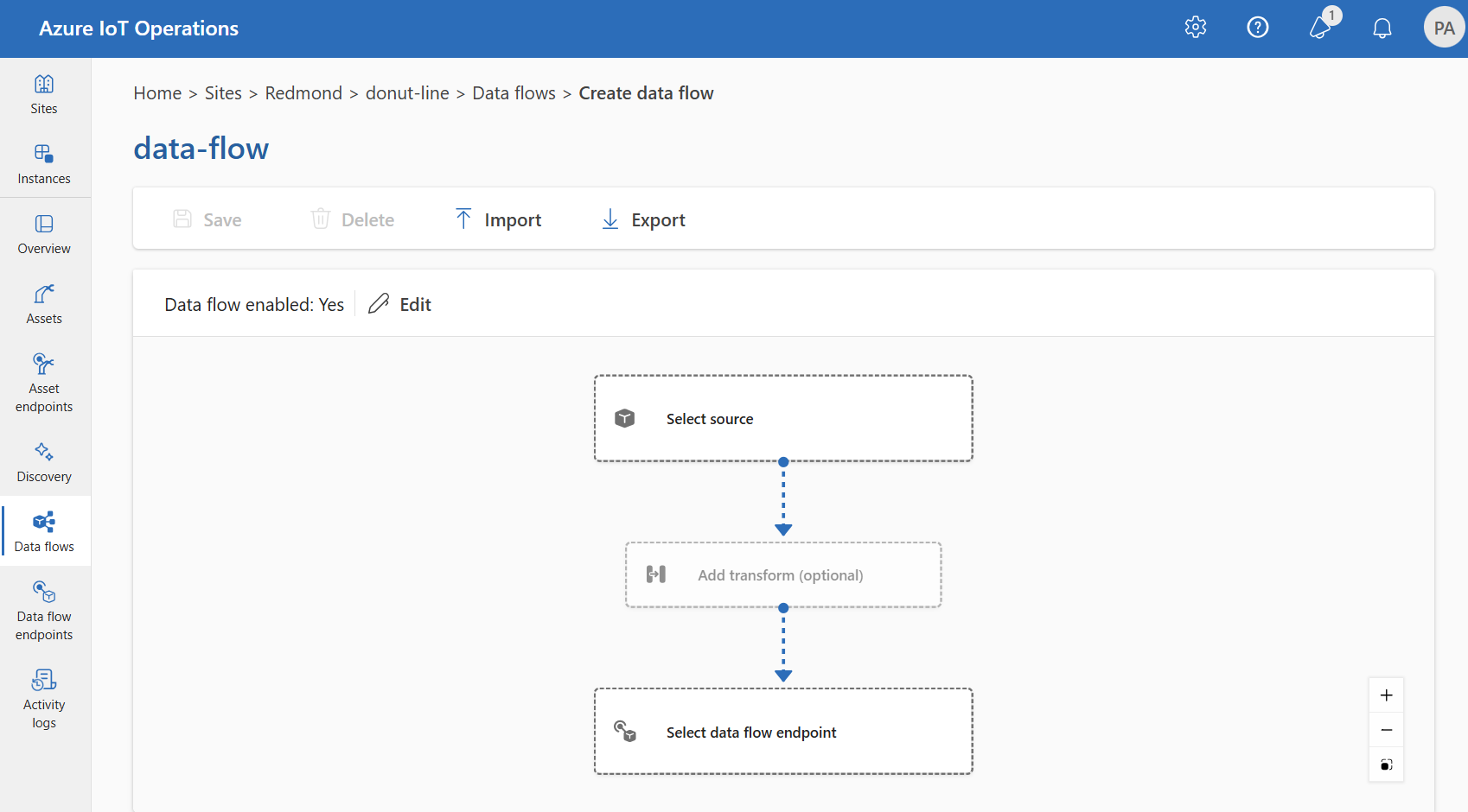 Screenshot der Benutzeroberfläche für Vorgänge mit einem Datenflussdiagramm, das einen Quellendpunkt, eine Transformationsphase und einen Zielendpunkt anzeigt.