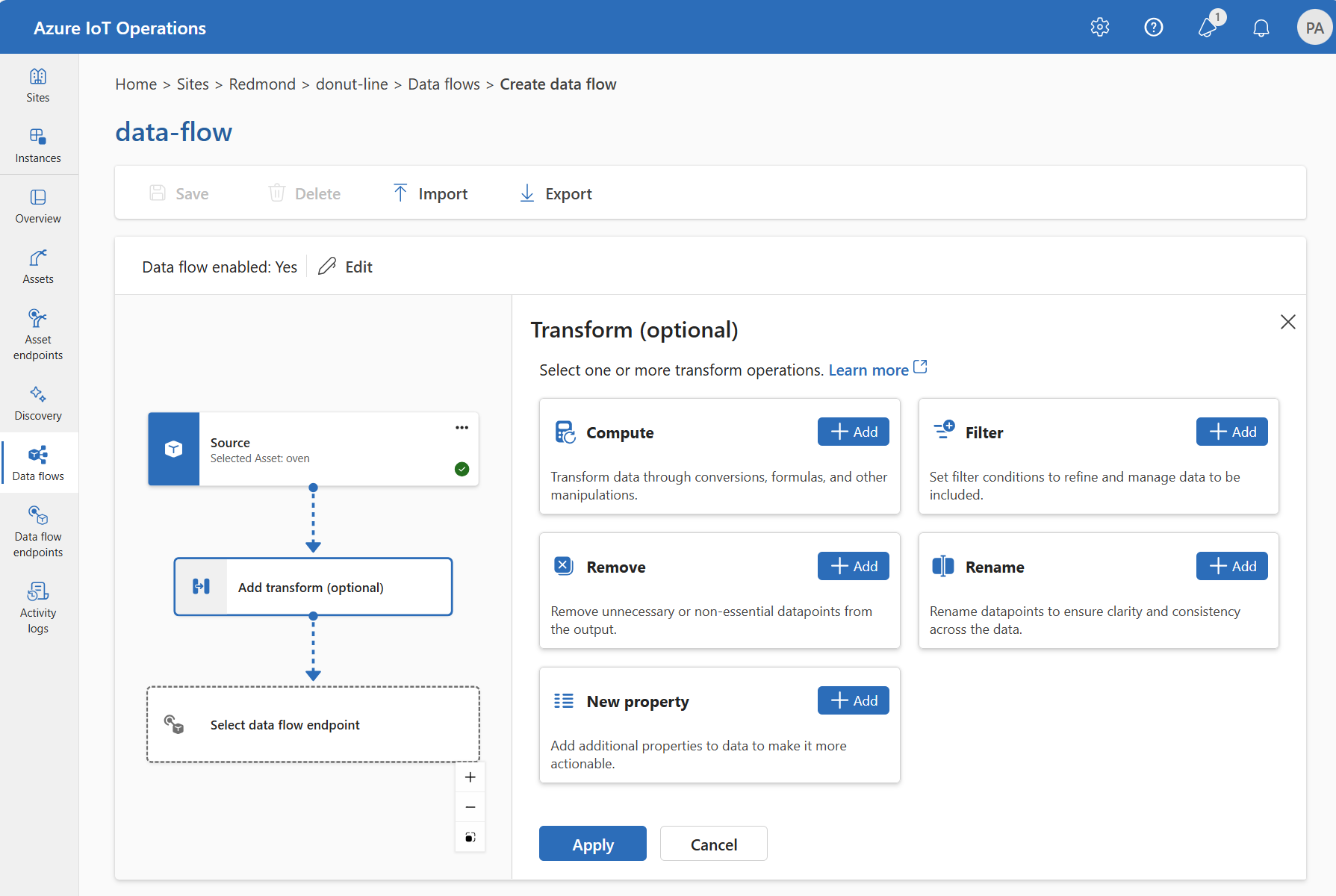 Screenshot der Operations-Erfahrungsoberfläche mit dem Hinzufügen einer Transformationsphase zu einem Datenfluss.