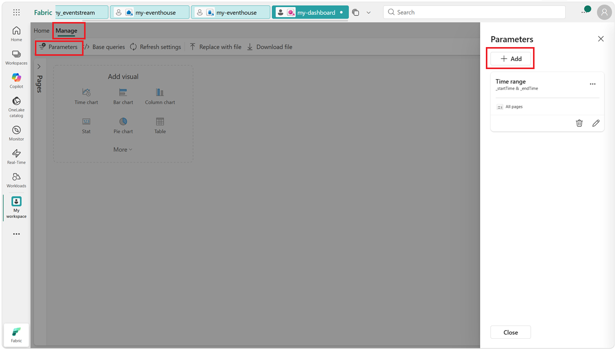 Screenshot: Hinzufügen eines Parameters zu einem Dashboard