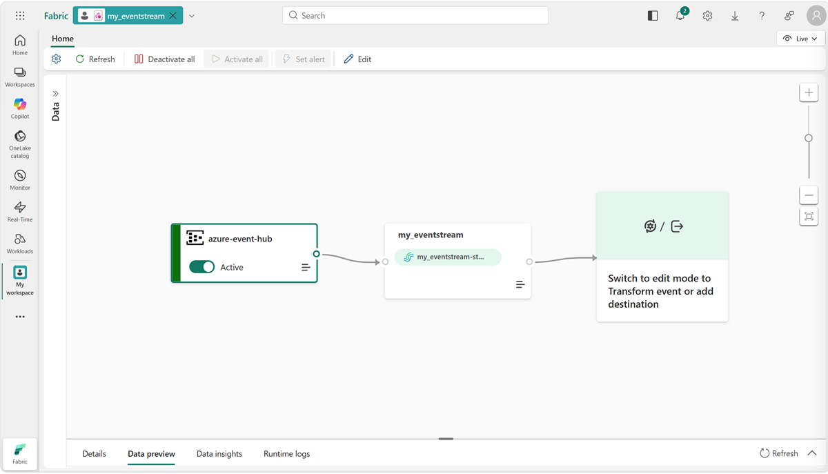 Screenshot: Eventstream mit der Quelle „AzureEventHub“